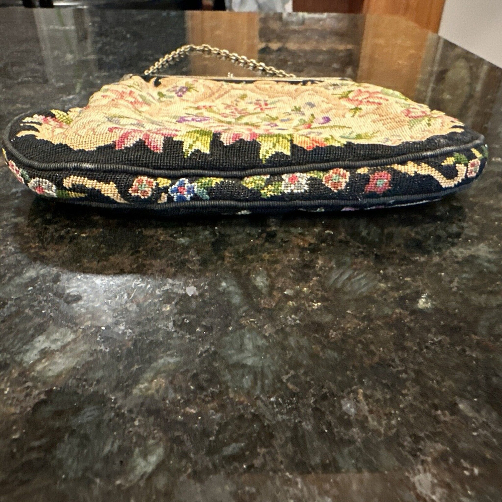 Vintage Petit Point Small Handbag Purse Black with Colorful Flowers 1950's - Picture 3 of 5